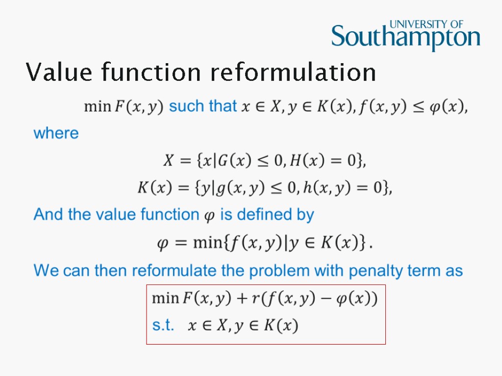 Value function reformulation